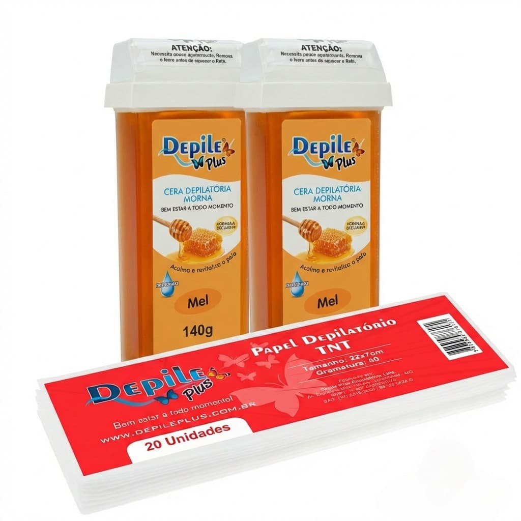 Kit Depilação Completo 2  Ceras Morna Mel Profissional + Papel Depilatório TNT 20 Unidades Removedor de Pelos Corporal