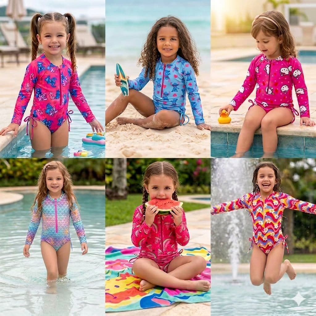 Maiô Manga Longa Zíper proteção solar UV infantil/ Maiô natação moda praia menina/ Biquini/ Body piscina