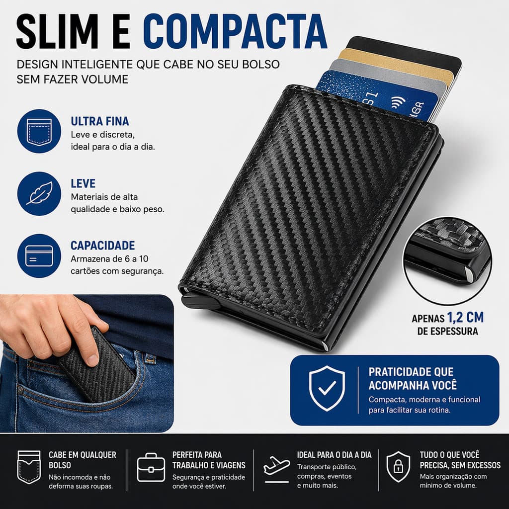 Carteira Masculina Feminina Porta Cartão Rfid Antifurto Bloqueio Aproximacao Compacta Fibra Carbono
