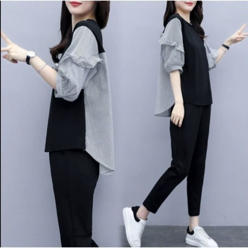 Plus Size terno feminino verão novo estilo moda irmã gorda Casual solto mais magro olhar capa barriga listrado terno de