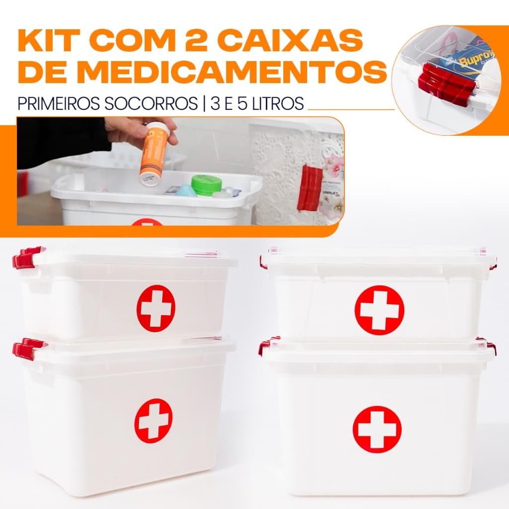 Kit com 2 Caixas de Medicamentos Primeiros Socorros com Tampa e Travas 3 e 5 Litros Uninjet