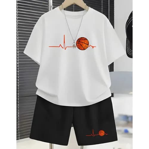 Conjunto Camiseta Algodão Bermuda Infantil Estampa Basquete Promoção