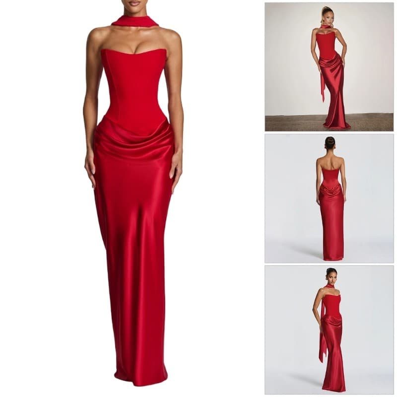 lead Vestido Maxi Sem Costas De Noite Confortável Em Tecido Elástico Com Fita No Pescoço