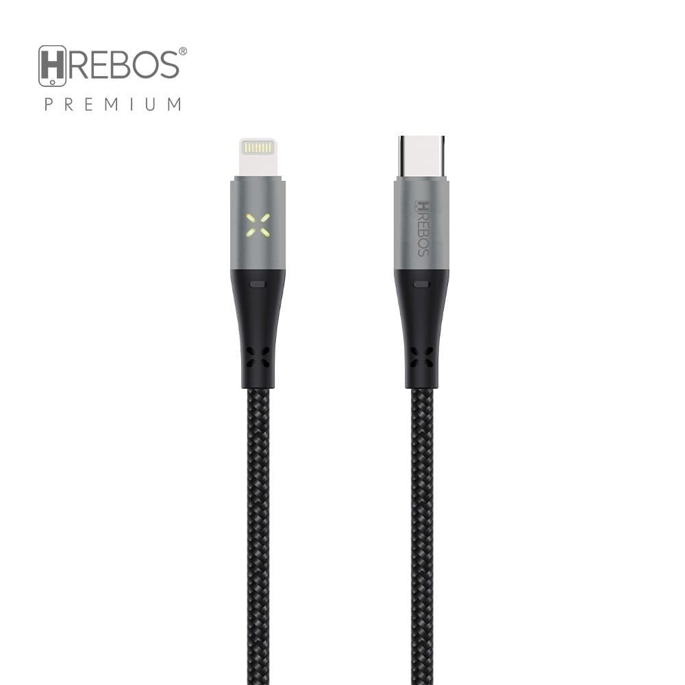 Hrebos Premium | Cabo Emerald Led Preto 1.2 Metro Type-C x Lightning