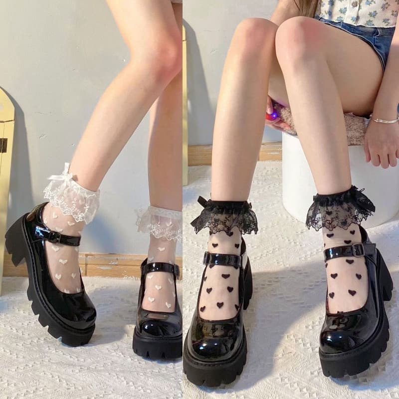 Estone Feminino Lolita Verão Malha Transparente Tripulação Meias Doce Babados Renda Guarnição Bowknot Bonito Amor Coraçã