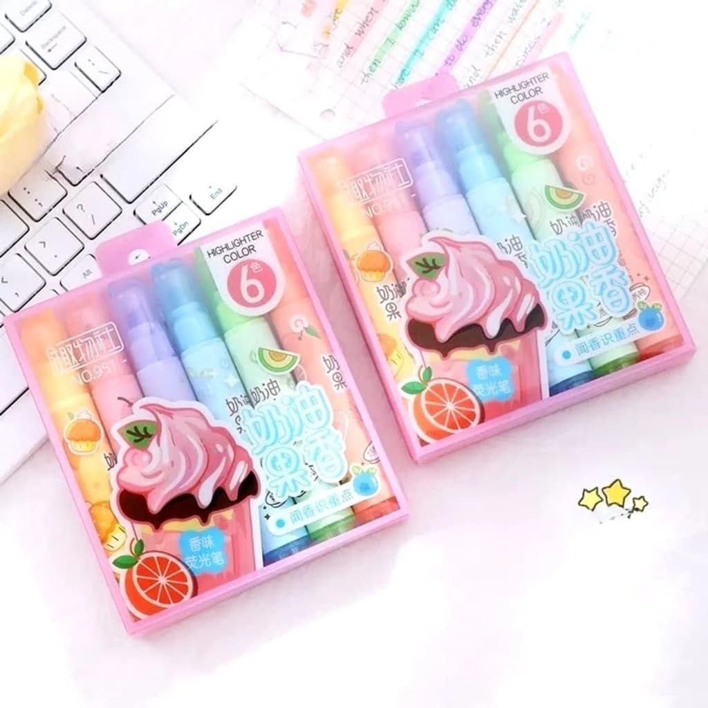 Kit 6 Canetas Cheirinho; Marca Texto Aroma de Frutas com Secagem Rápida e Colorido Papelaria Fofa