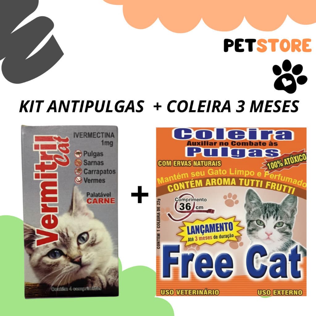 Vermitril Gatos Anti Pulgas Vermes e Carrapatos + Coleira Anti Pulgas 3 Meses