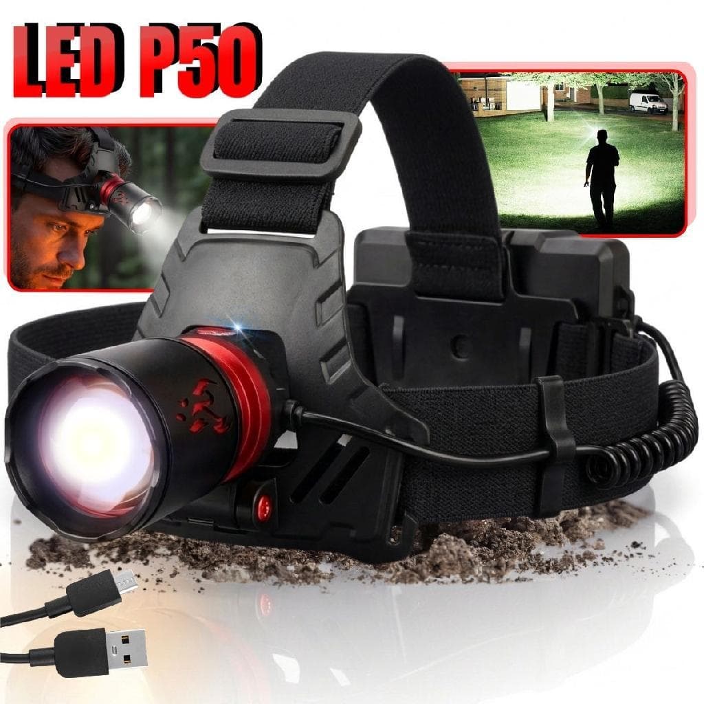 Lanterna Cabeça LED P50 Profissional Recarregável USB Zoom