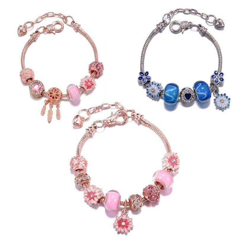 Pulseira feminina de estilo europeu e americano com apanhador de sonhos dourado, pingente de flor com acabamento emgradi