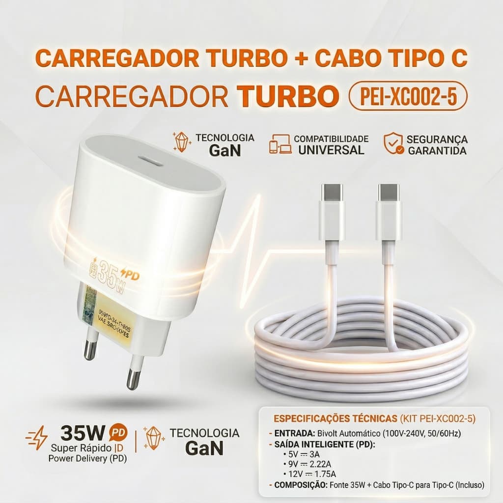 Carregador Turbo 35W Peining Original + Cabo Tipo-C/Tipo-C Bivolt 110/220V Branco