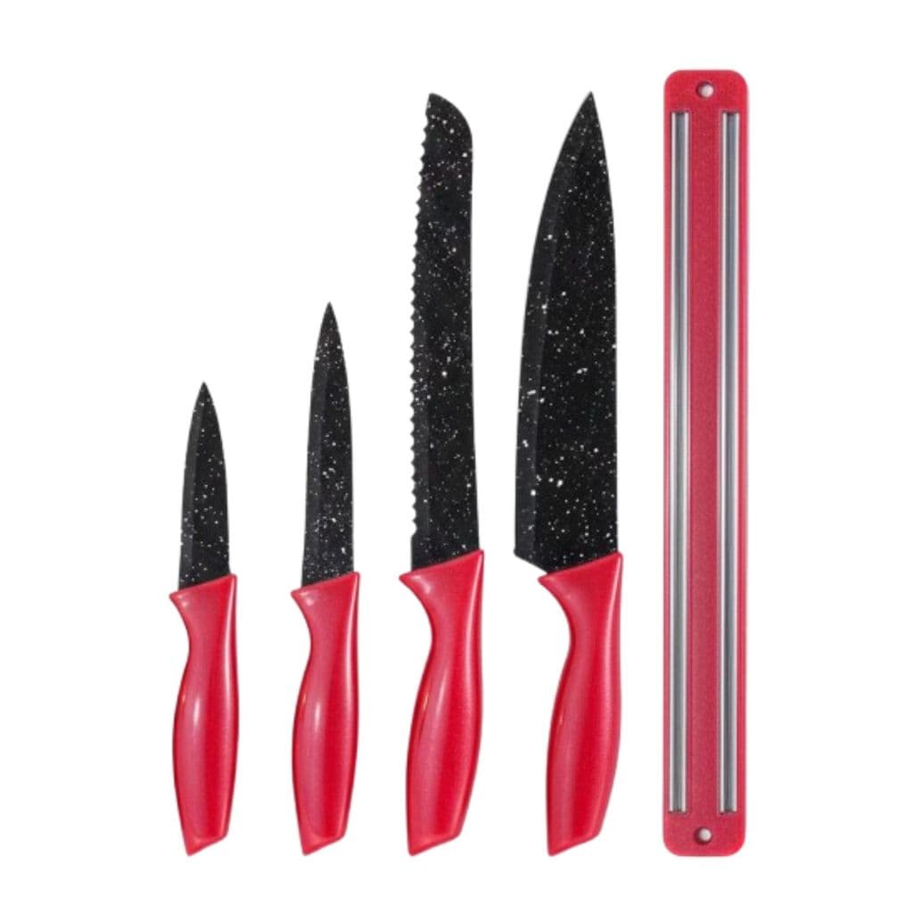 Kit 5 Conj - Conjunto de Faca de Cozinha - Inox - Cabo Plástico + Barra Magnética
