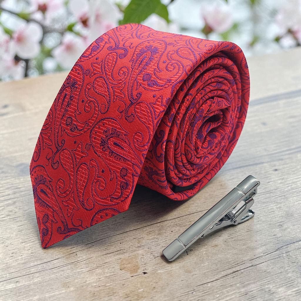 Kit Gravata Slim Vermelho Bordado + Prendedor Slim