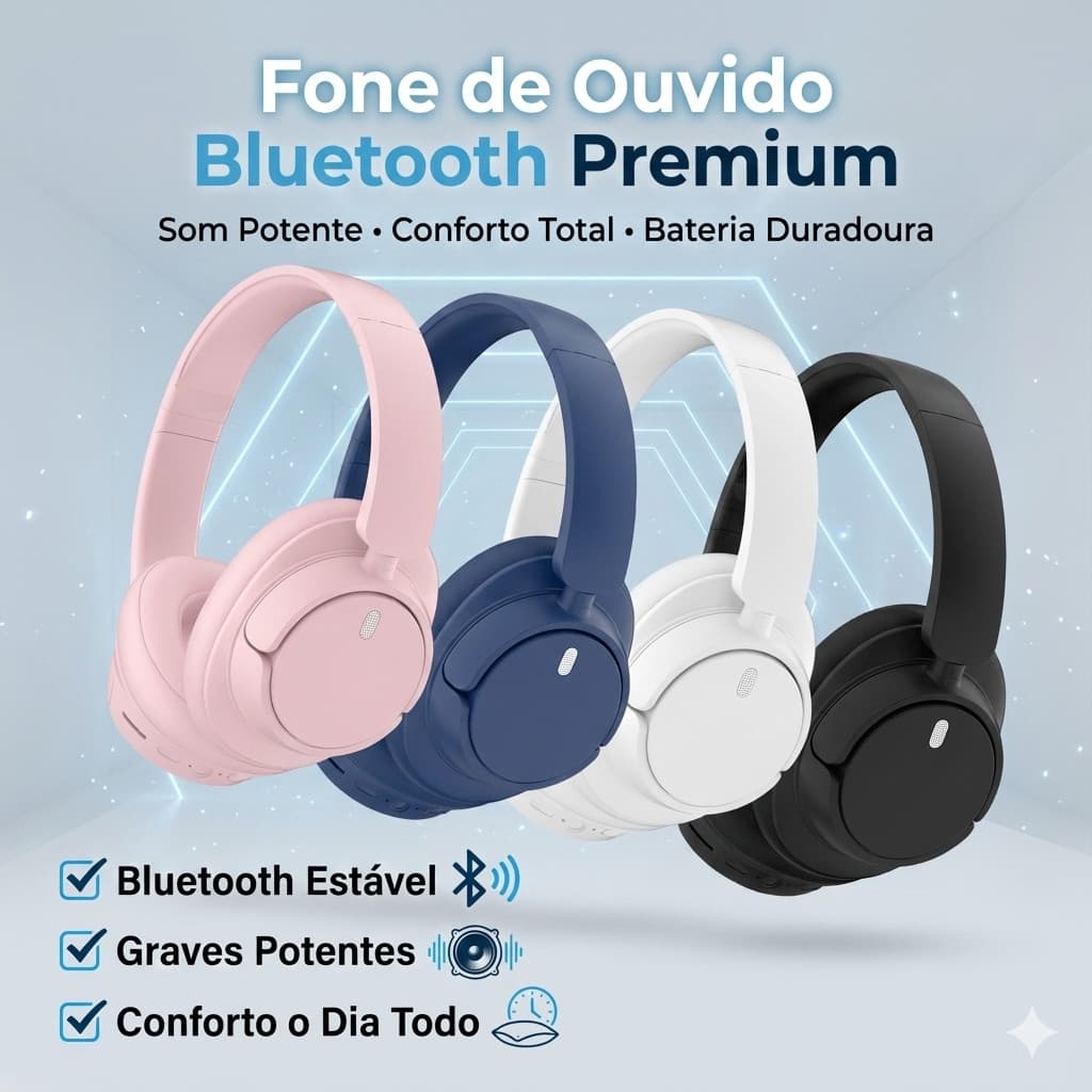 Fone de Ouvido Bluetooth Sem Fio Over-Ear Som Estéreo Potente Headphone Confortável com Microfone
