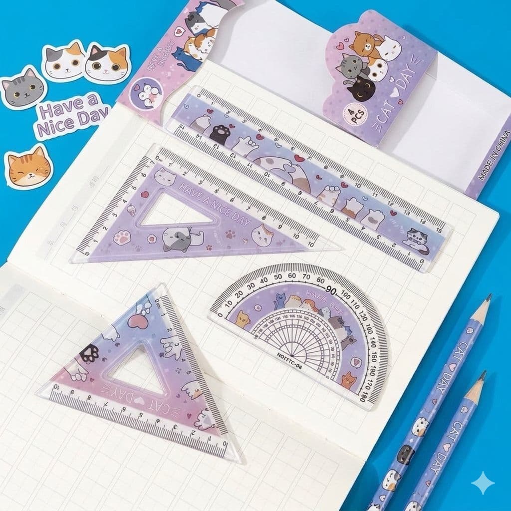 Kit Régua Escolar 4 Peças Gatinho Kawaii Régua, Esquadro e Transferidor Completo