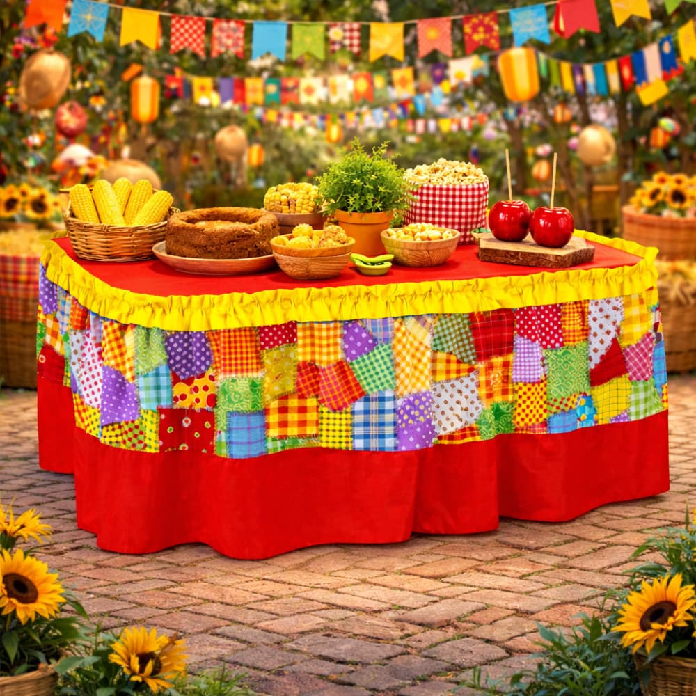 Saia Babado TNT Festa Junina Arraiá mesa principal do bolo decoração toalha