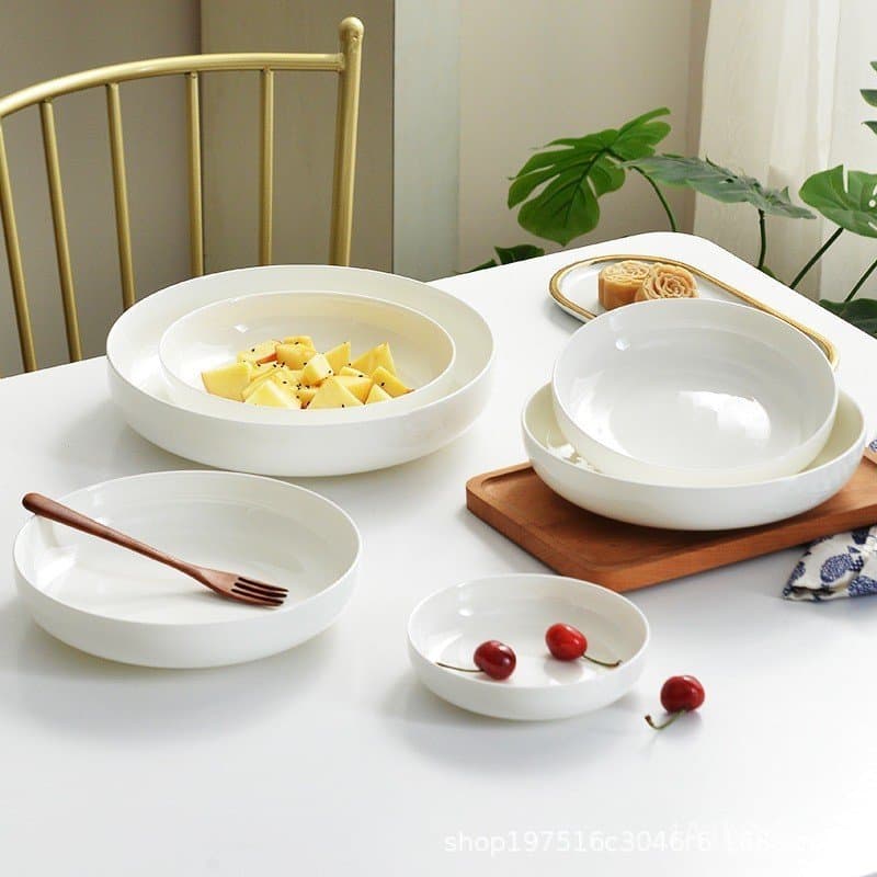 Prato fundo de porcelana de osso de Jingdezhen, prato fundo de borda reta, conjunto de louça branca pura, prato fundo de