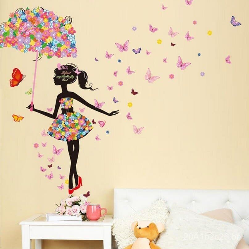 Adesivo de Parede de Fada, Menina Elfo, Decoração de Papel com Borboletas para Sala de Estar e Quarto, Pintura Decorativ
