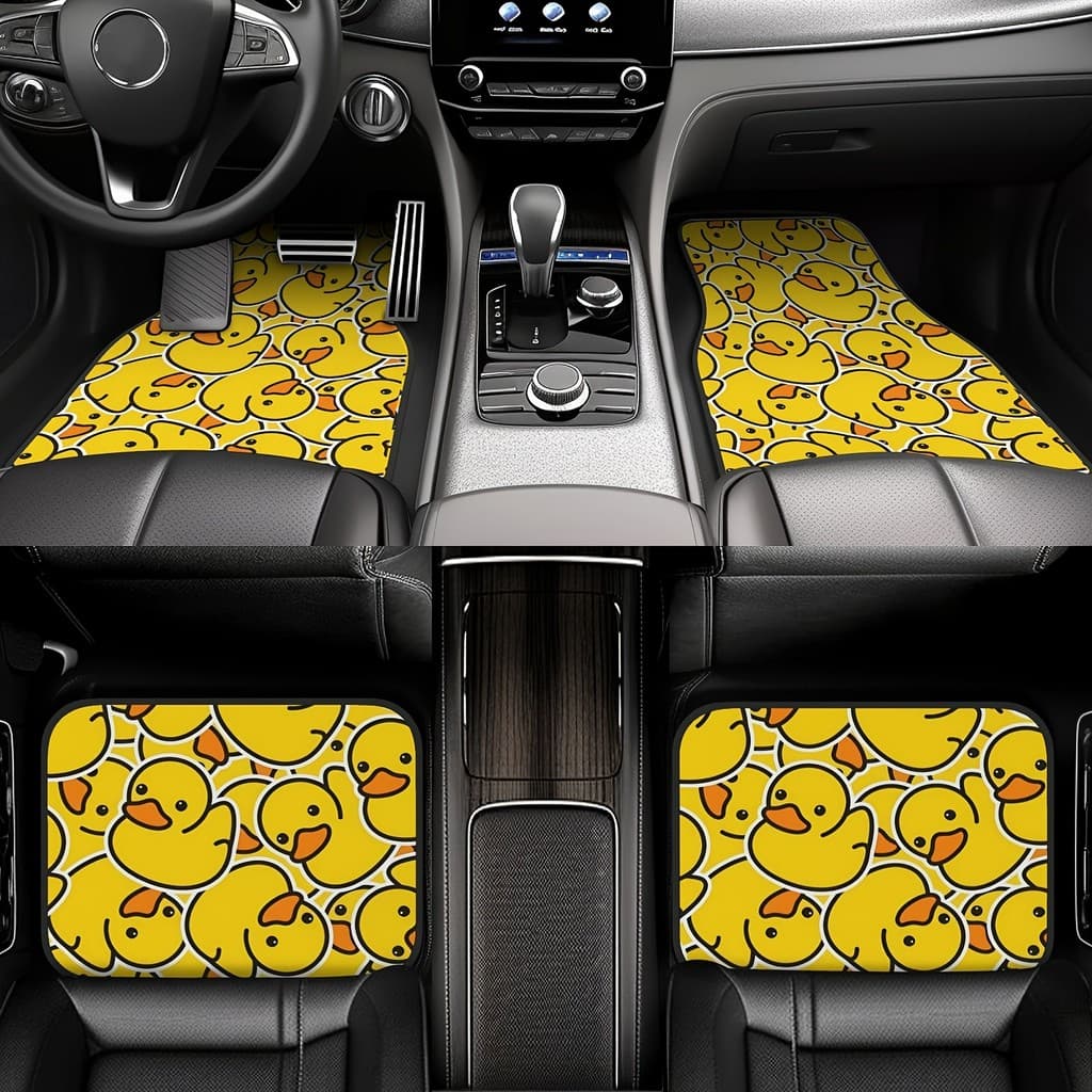 4 peças de tapete de carro estampado com padrão de pato amarelo pequeno de desenho animado, tapete de carro antiderrapan