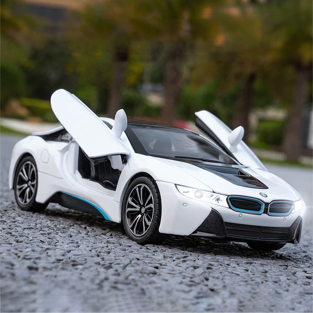 Modelo de carro BMW i8 em escala 1:22, feito de liga metálica, com efeitos sonoros, adequado para colecionadores, presen