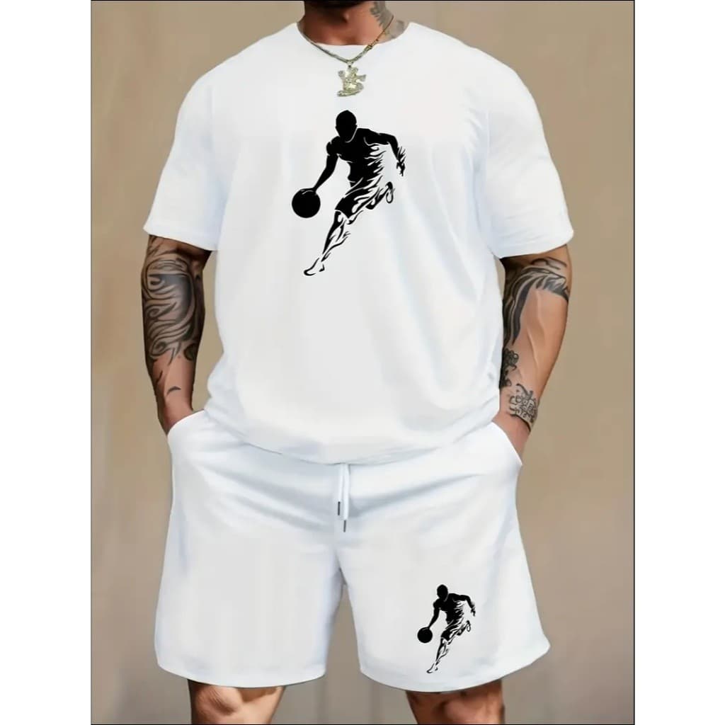 Conjunto Masculino Short Masculino Camiseta Basica Estampada Basquete Camisa Bermuda Tactel Confortavel Dia Dia Academia