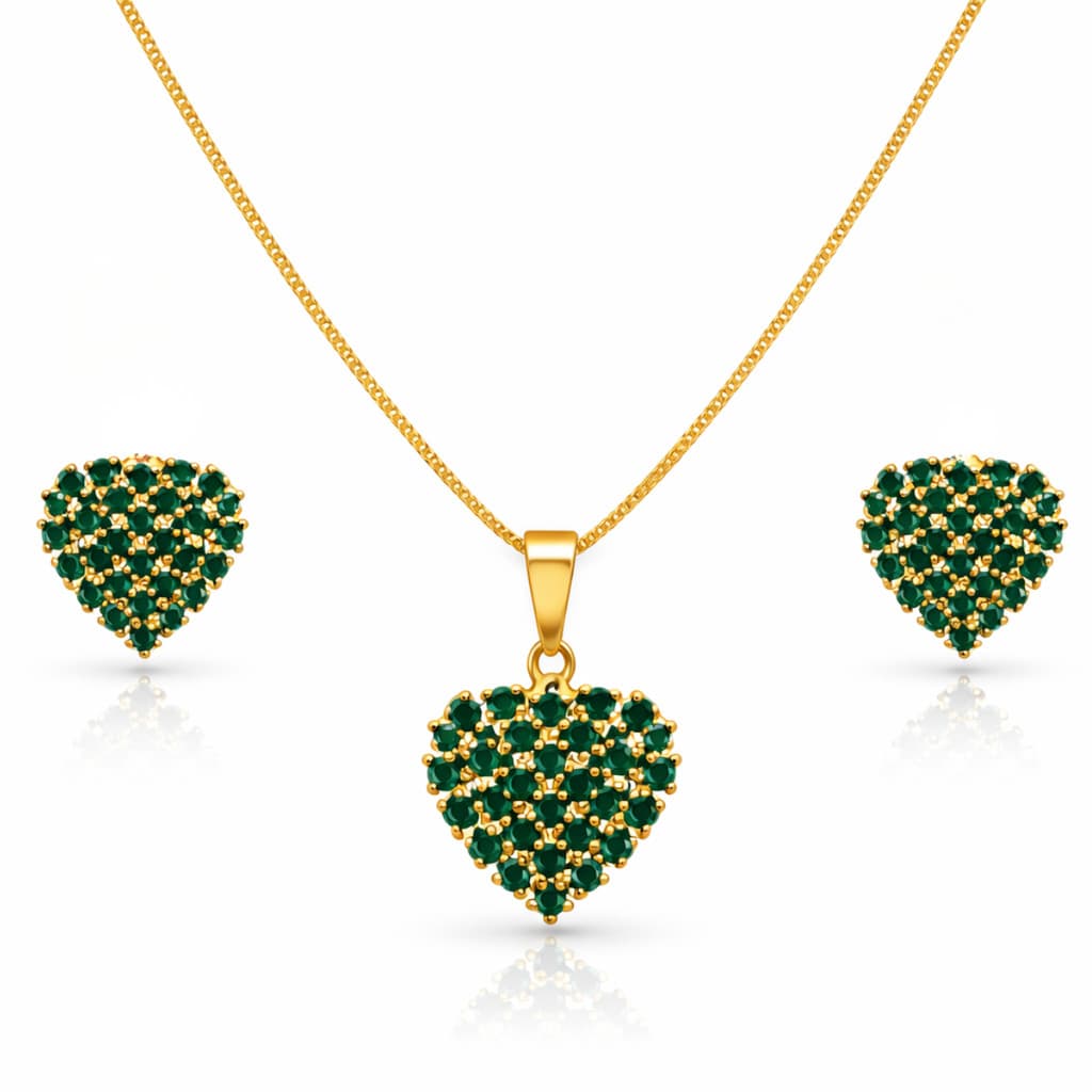 Conjunto Colar e Brinco Coração Verde Cravejado Folhado a Ouro - Colar 45 cm  com Extensor