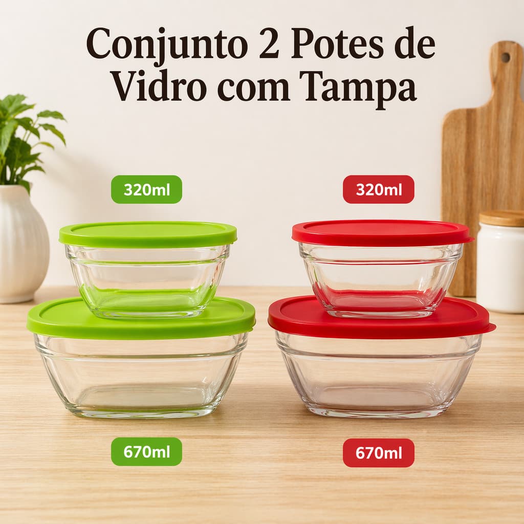 Kit Jogo 2 Potes de Vidro Reforçado Resistente com Tampa 670ml 320ml