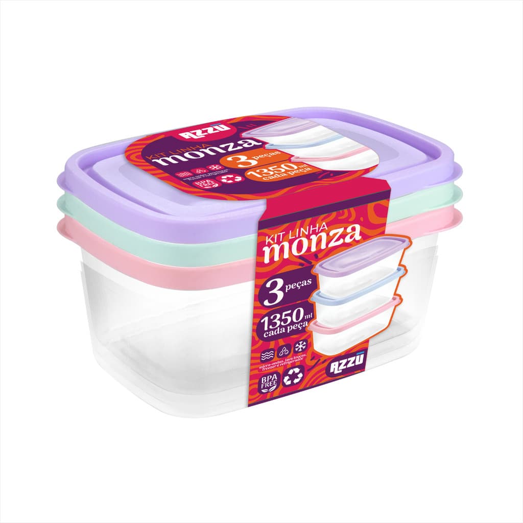 Kit 3 Potes De Plástico Para Alimentos 1350ml Marmita Micro-ondas Freezer Cor Sortida