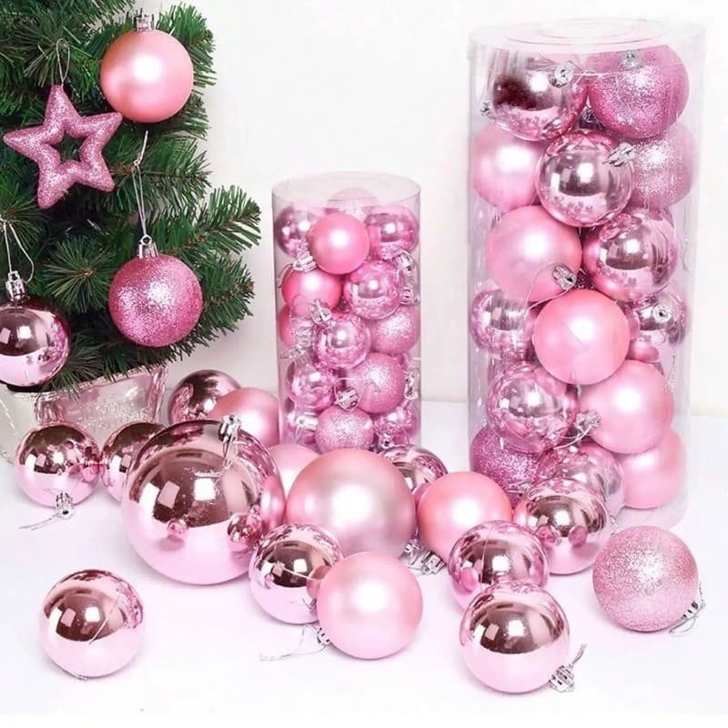 24 Pçs 3cm Mini Rosa Natal Pendurado Bola Bolas De Conjunto Árvore Pingente Ornamento Para Festa De Ano Novo Decoração D