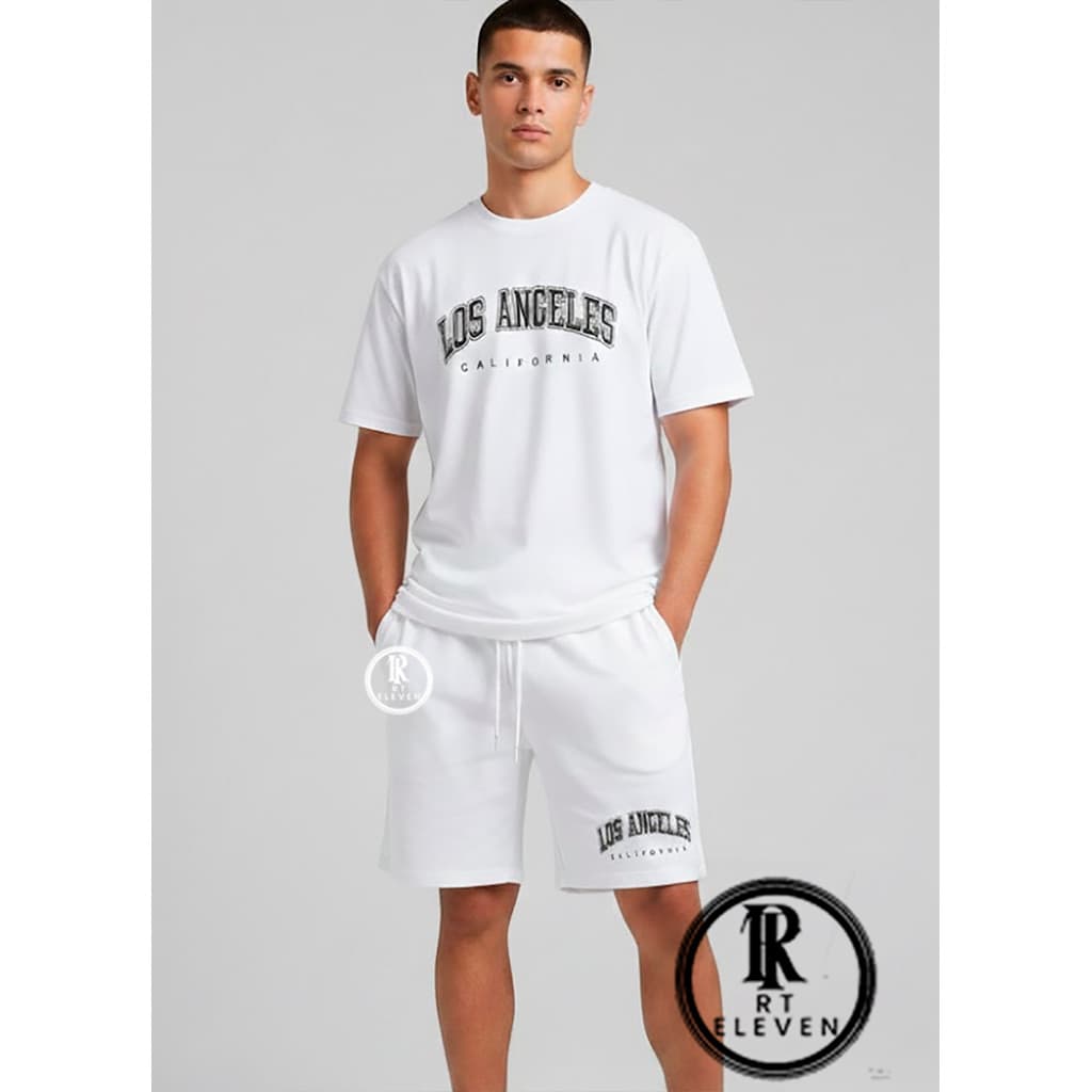 kit Conjunto Masculino Camiseta Malha Algodão Premium E Bermuda Moletom Los Angeles Kit 2 peças Camiseta + Short RT