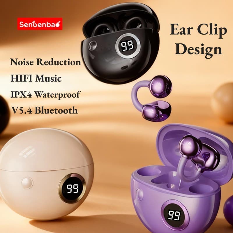 Senbenbao B22 Fones De Ouvido Sem Fio TWS Clipe Fone Bluetooth 5.4 Controle Toque Longa Vida Útil Da Bateria Com Microfo