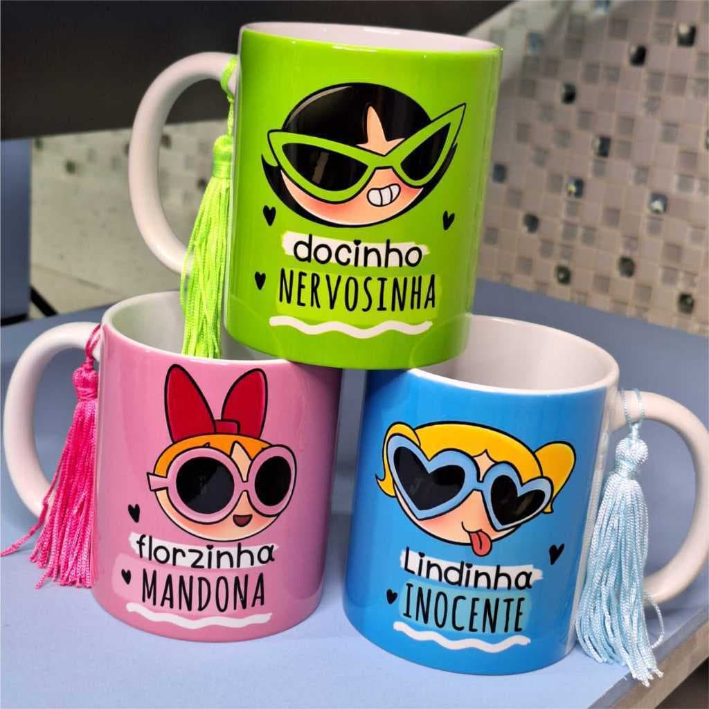 Caneca de Porcelana Meninas Super Poderosas Docinho Lindinha Florzinha Estrelinha