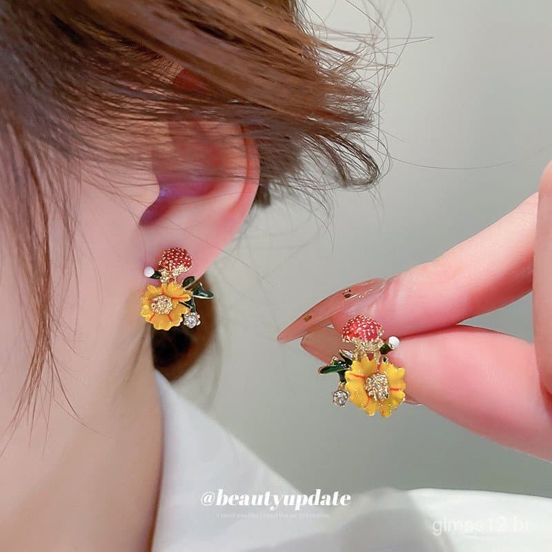 Brincos de prata com design de gota de óleo, com diamantes e flores laranja, brincos de estilo campestre fresco e doce,