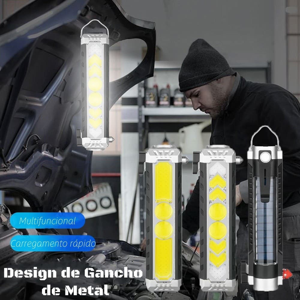 Lanterna de Trabalho COB com Martelo de Segurança – Luz Forte, Recarregável e Portátil para Uso Automotivo