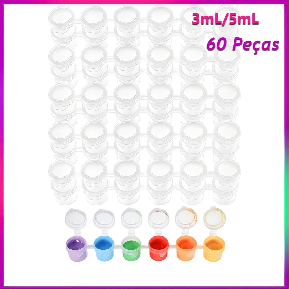 60PCS de potes de tinta de tiras de armazenamento de pintura tiras de copo com tampa para pinturas de arte 3/5ml