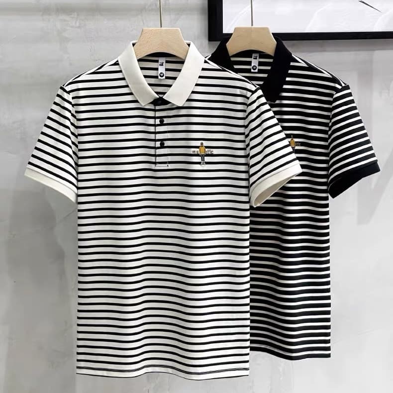 Camisa P POLO com lapela de manga curta Camiseta masculina listrada bordada de seda gelada estilo fino de secagem rápida
