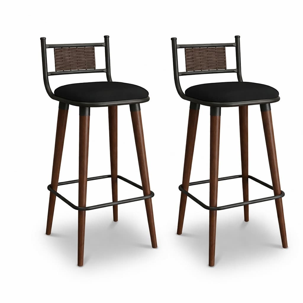 Kit 2 Banquetas Alta Bistro Retro Preto Caramelo Madeira Junco Sintetico Bancada