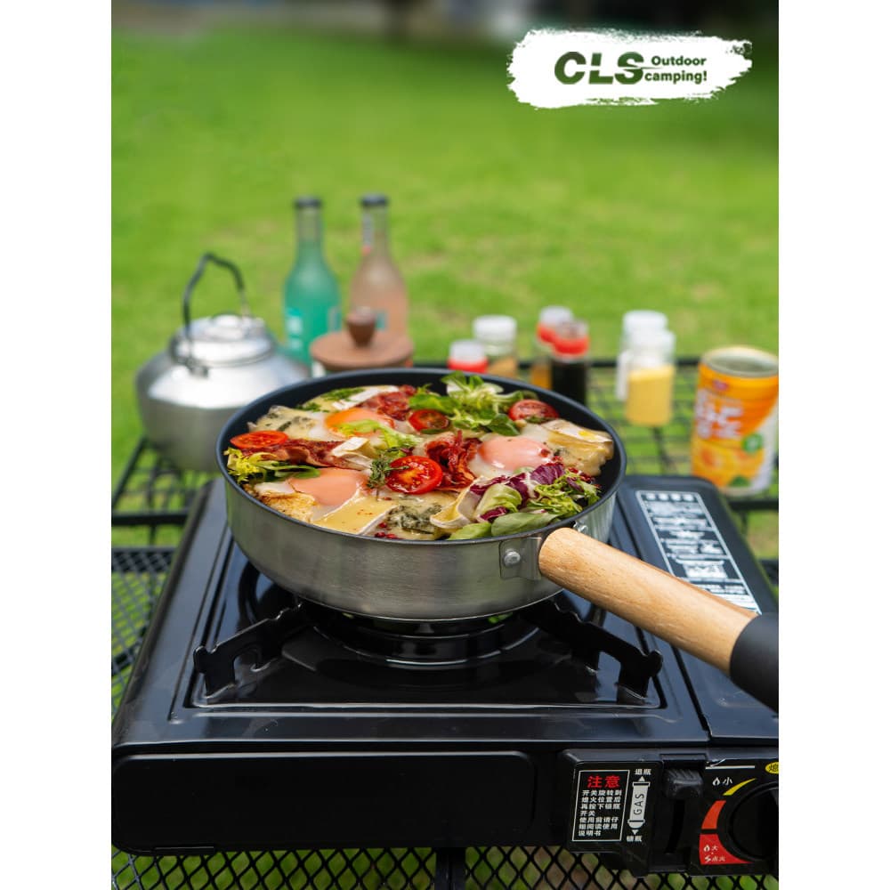 CLS ao ar livre de aço inoxidável antiaderente frigideira acampamento portátil antiaderente frigideira alça destacável p