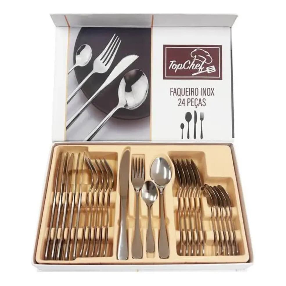 Jogo de Faqueiro 24 Peças Inox Completo Talheres Cozinha Mesa Resistente Durável Brilho Espelhado Premium Luxo