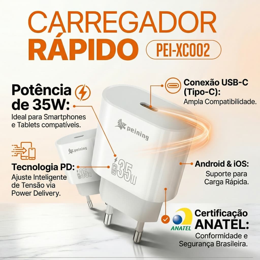 Fonte Carregador Turbo 35W USB-C PD Bivolt 110/220V Rápido Original Peining