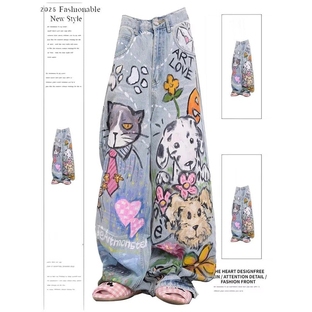 jeans graffiti Pintados À Mão Para Gatos E Cachorros Americanos Retrô Divertidos Mulheres