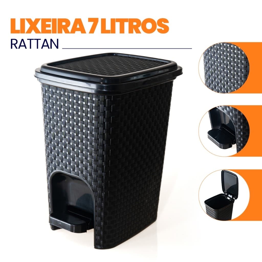 Lixeira Cesto Com Pedal Para Cozinha 7 Litros Preto Banheiro Escritório Pedaleira Rattan