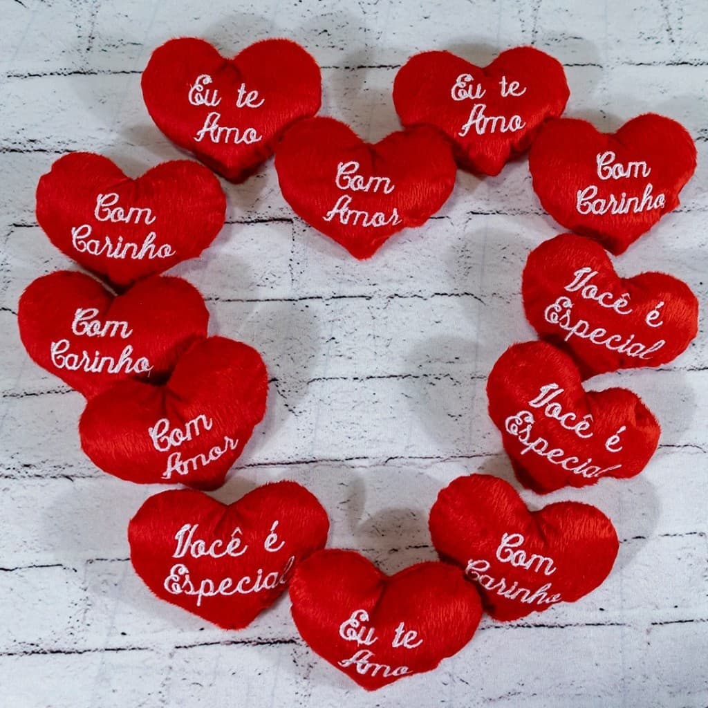 kit Combo 12 corações de pelúcia 10 cm - frases sortidas/dia dos namorados/eu te amo/ENVIO IMEDIATO