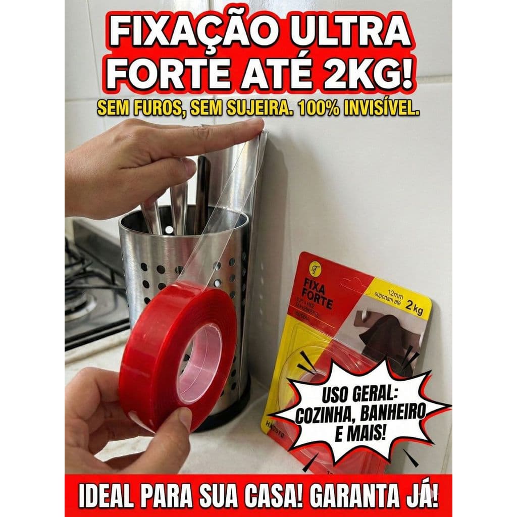 Fita Adesiva Dupla Face Extra Forte 12mm Suporta até 2kg, Ideal para Decoração, Organização e Fixação