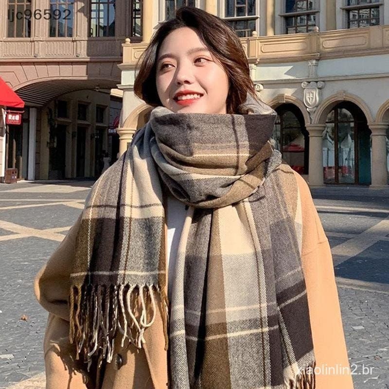 [ljc] Lenço Térmico Grosso Estilo Coreano Feminino Inverno Xadrez Estampa Longo Quente Xale Acessórios De Fantasia [BR]