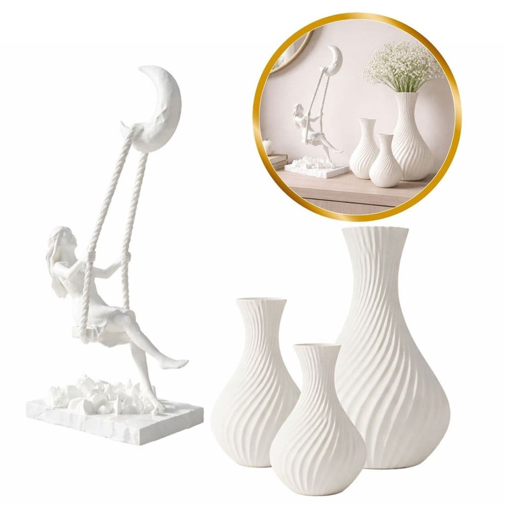 Kit Decoração 01 Menina da Lua + 01 Trio de Vasos Branco