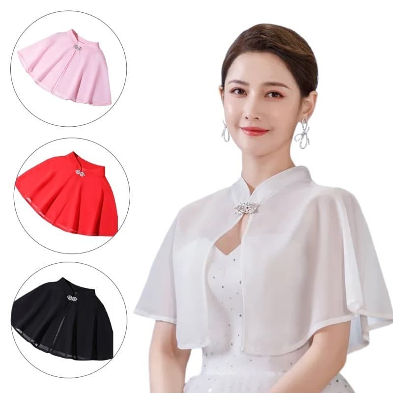 Elegante xale feminino de chiffon, adornado com uma capa de caxemira nos ombros, adequado para combinar com vestidos dec