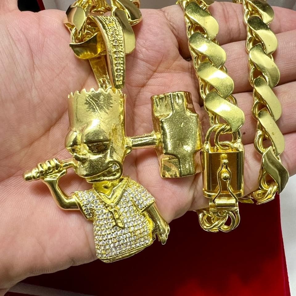 Cordão Friso S 12mm + Pingente Bart Simpson Cravejado Zircônia Feito 100% Moeda Antiga Idêntico Ouro