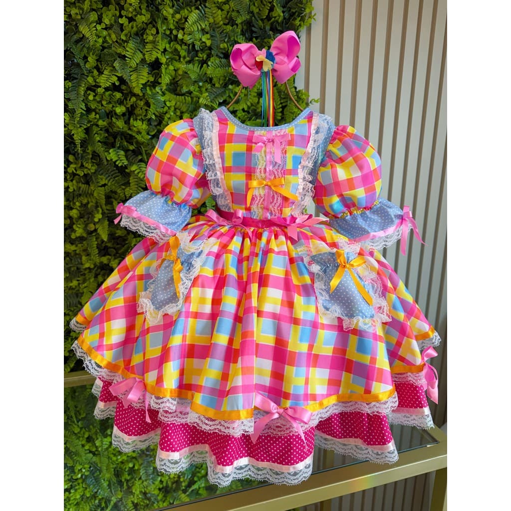 Vestido Junino Arraiá Festas Rosa Xadrez Colorido Luxo Babados Menina Junina