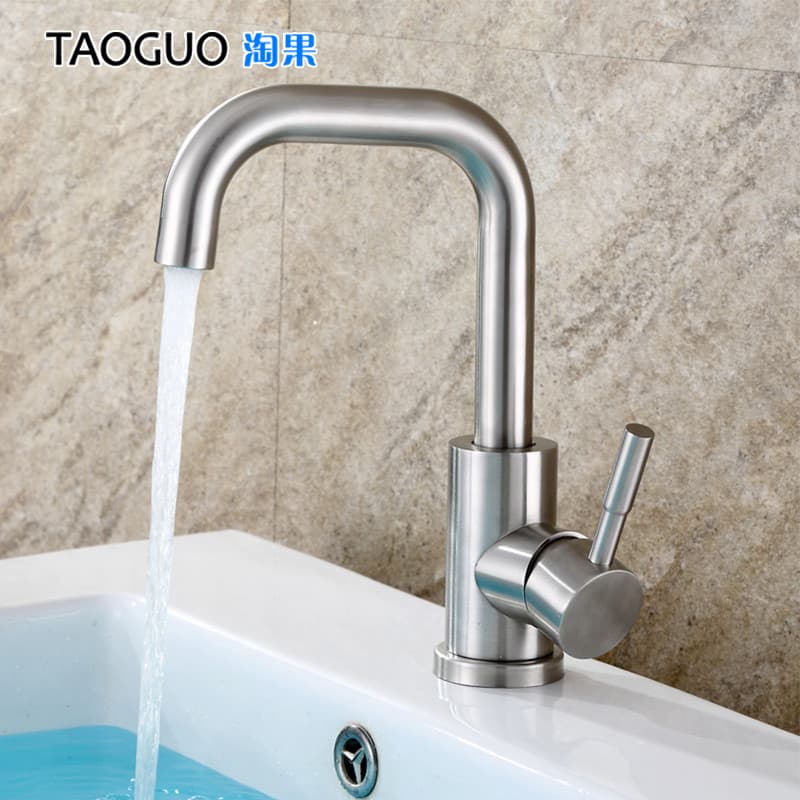 Taoguo torneira de lavatório de aço inoxidável quente e frio banheiro único furo bacia quente e fria torneira do agregad