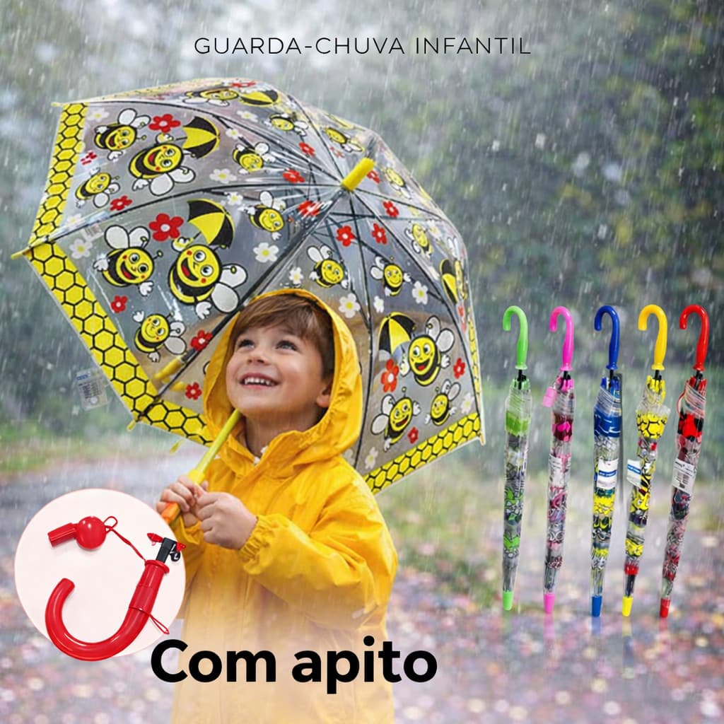 Guarda Chuva Infantil  50 cm Automático Transparente Com Personagens e Apito
